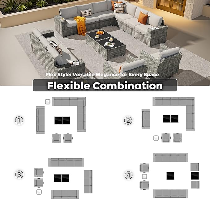 ovios 15 Pieces Patio Furniture Set, Outdoor Wicker Sectional Sofa with Swivel Chairs Coffee Table, Modern Modular Deep Seat Rattan Couch Conversation Sets, Beige