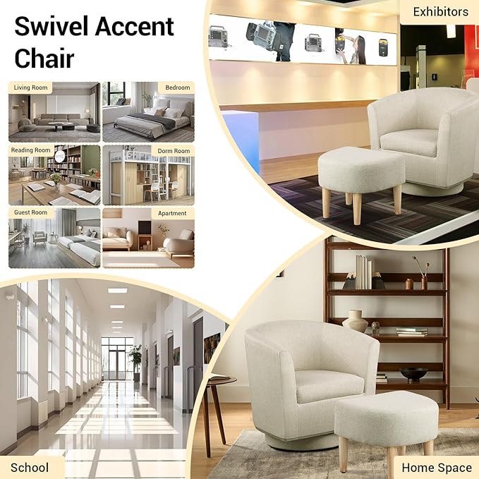 DAZONE Swivel Accent Chair Set of 2 with Ottoman, Modern Upholstered Barrel Armchairs with 360° Swivel Base, Comfortable Club Chairs for Living Room, Bedroom, Reading Nook, Beige