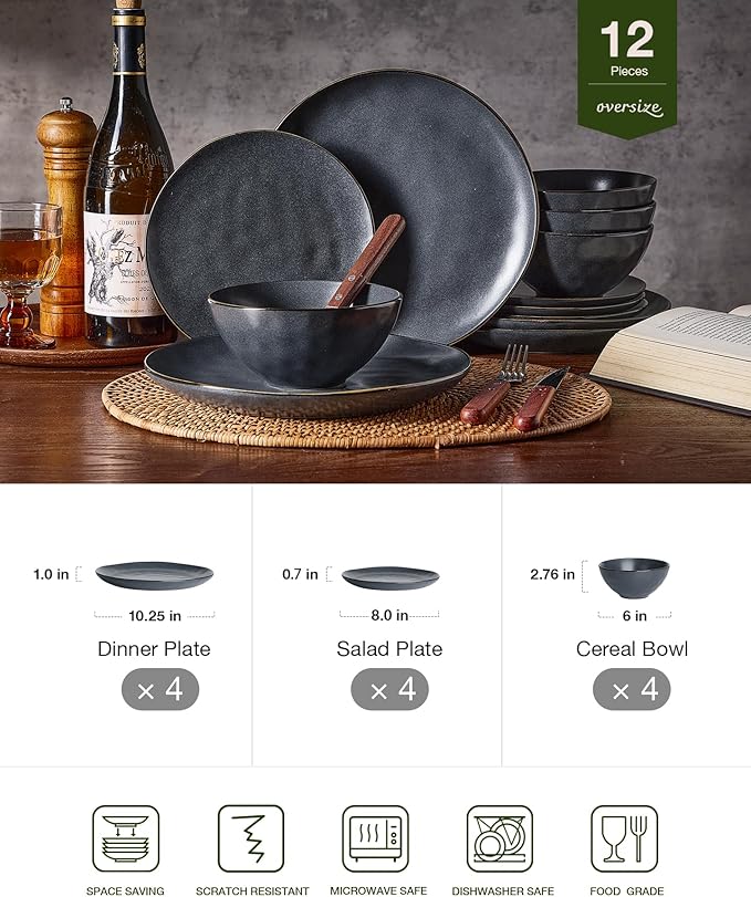 Famiware Dinnerware Sets for 4, Ocean Round 12-Piece Kitchen Plates and Bowls Sets, Microwave and Dishwasher Safe, Scratch Resistant, Matte Black