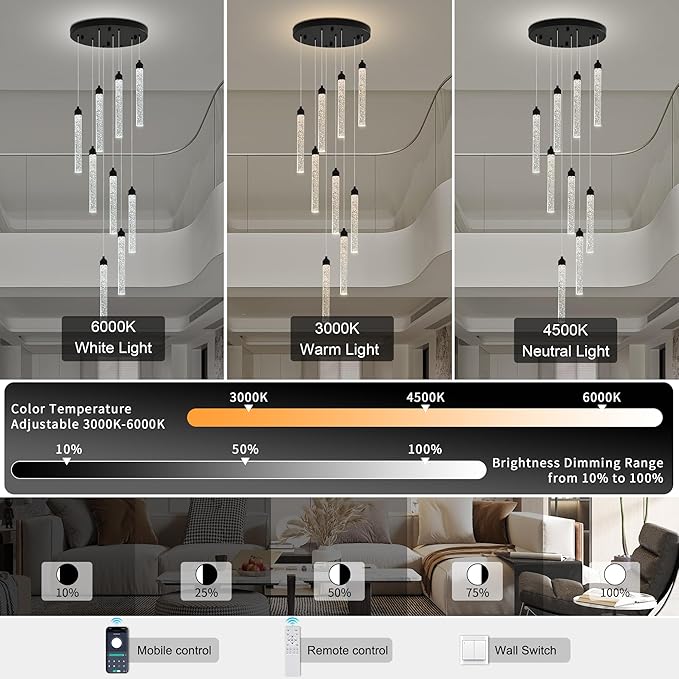 9-Lights High Ceiling Crystal Staircase Chandelier Black Pendant Lights Modern Spiral Raindrop Dimmable LED Bubble Cluster Ceiling Hanging Lighting Fixture for Foyer Living Room Remote Control