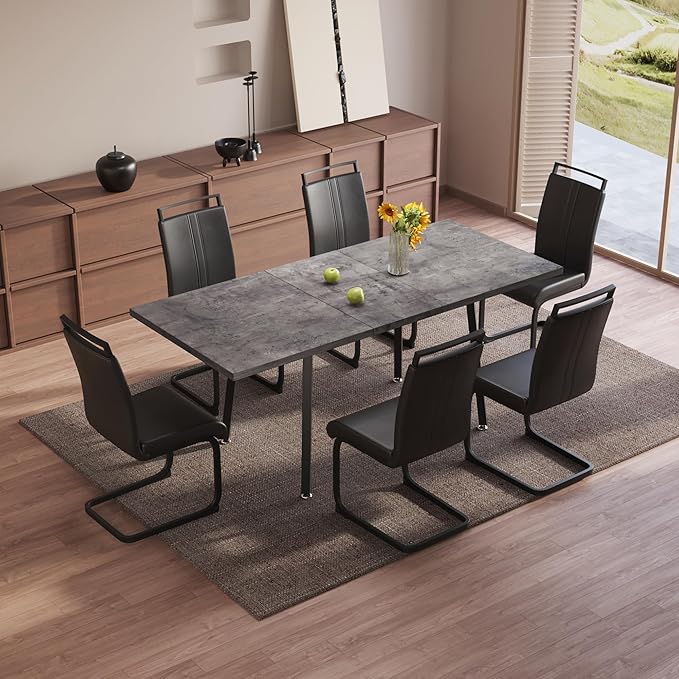 7 Piece Dining Table Set for 6-8,55-71" Extendable Dining Table Set with 6 Upholstered Chairs,Rectangle Kitchen Table Set for Small Space,Dining Room and Office,Grey