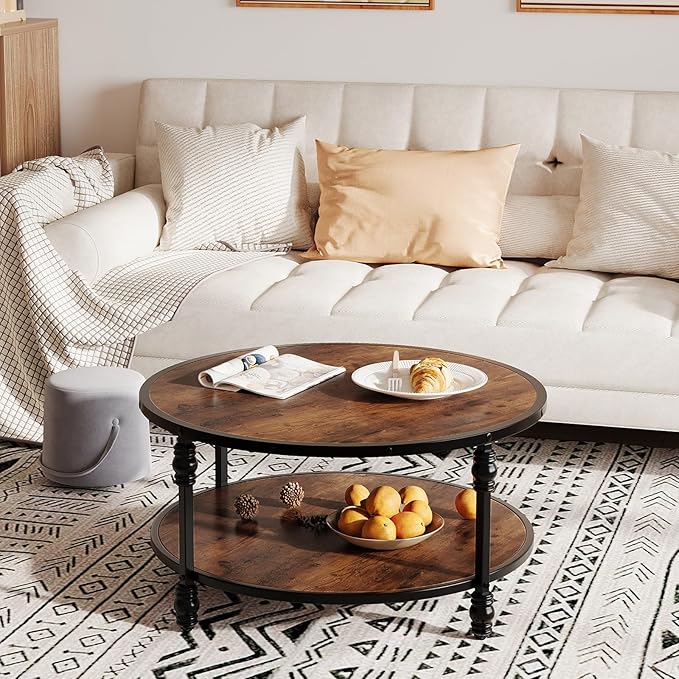 Round Coffee Table, Living Room Center Table with Storage Shelf, Rustic Wood Circle Coffee Table with Sturdy Metal Legs, 2-Tier Vintage Furniture for Living Room, Easy Assembly Accent Cocktail Table