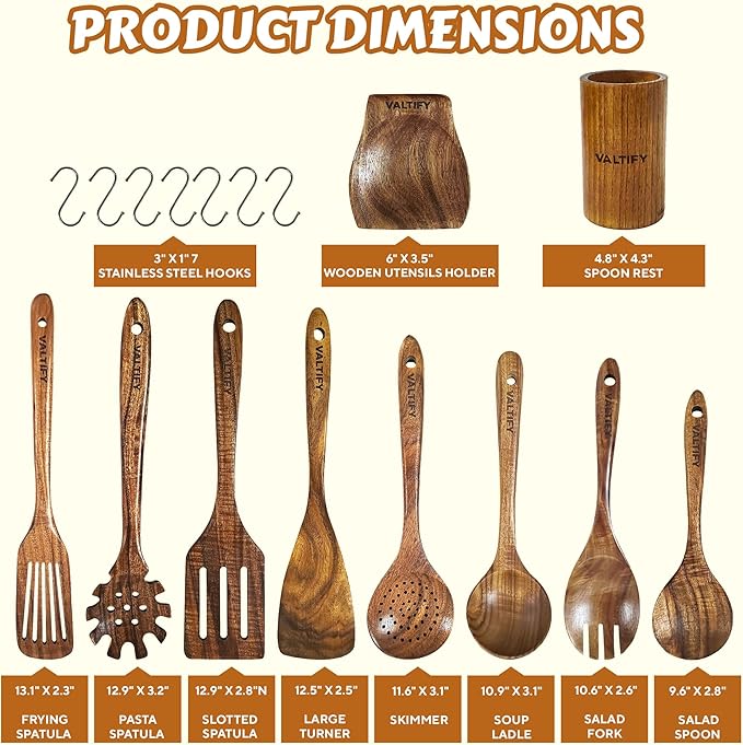 Kitchen Utensil Set | 17-Piece Wooden Cooking Utensils with Holder & Hooks | Teakwood Utensils Set for Cooking | Non Toxic Wooden Spoons | Spatulas & Kitchen Accessories