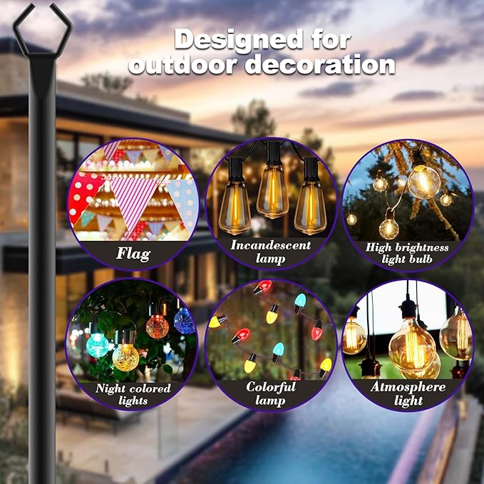 zoegi 6 Pack 10 Ft String Light Poles,Light Poles for Outside Lights with Fork,Outdoor Brackets Hanging Lights,Metal Stand for Deck Patio,Backyard,Wedding,Deck,Party