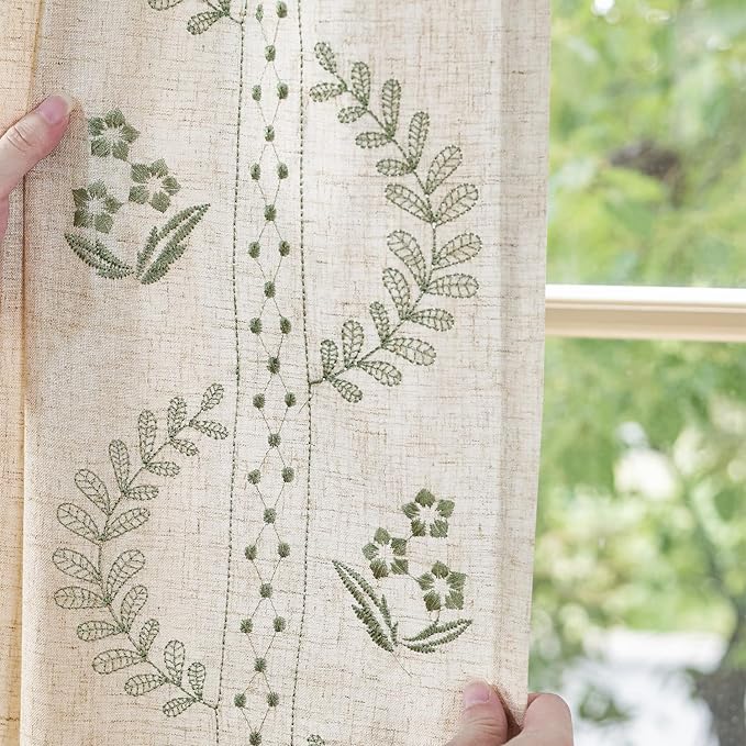 jinchan Belrose Linen Curtains for Bedroom Floral Curtains 108 Inch Length Linen Blend Sage Green Embroidered Drapes Farmhouse Flower Patterned Drapes for Living Room Window Treatments Set 2 Panels