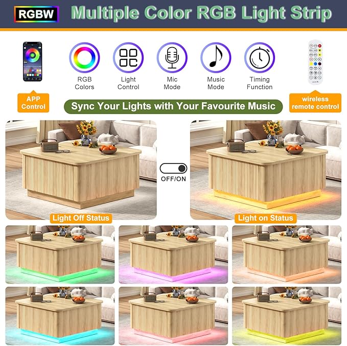 Lift Top Coffee Table with Storage,Wood Square Coffee Tables W/6000-Colors Lighting,Multi-Function Groove Texture Center Table W/Large Hidden Space for Living Room,Bedroom,Home,Office(OAK)