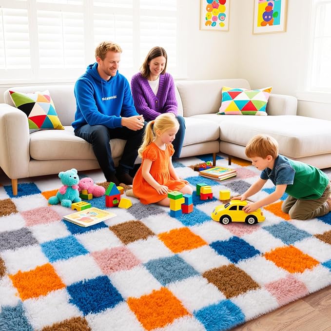 Checkered Rug for Living Room 6x9, Ultra Fluffy Fuzzy Shag Large Area Rug for Bedroom, Modern Plush Soft Upgrade Non-Slip Carpet for Kids Girls and Boys Room Dorm Home Decor, Colorful