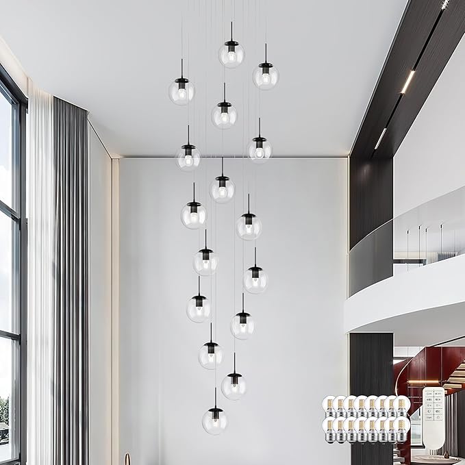 KoKo&Yukina 16-Light Black Mid Century Modern Chandelier for Living Room Staircase Chandelier for Entryway Clear Globe Glass Chandelier High Ceiling Chandeliers Foyer Entryway (Bulb & Remote Incl.)
