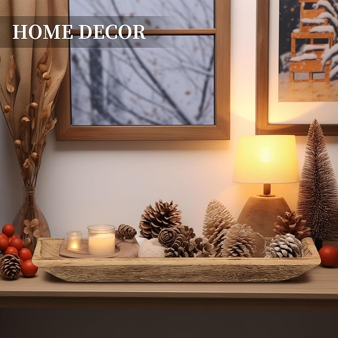 Hanobe Decorative Wood Dough Bowl: Large Long Wooden Centerpiece Table Decorations Natural Candle Holder Tray Decor Rustic Unfinished Centerpieces for Dining Room Kitchen Fruit Bowls, Burnt