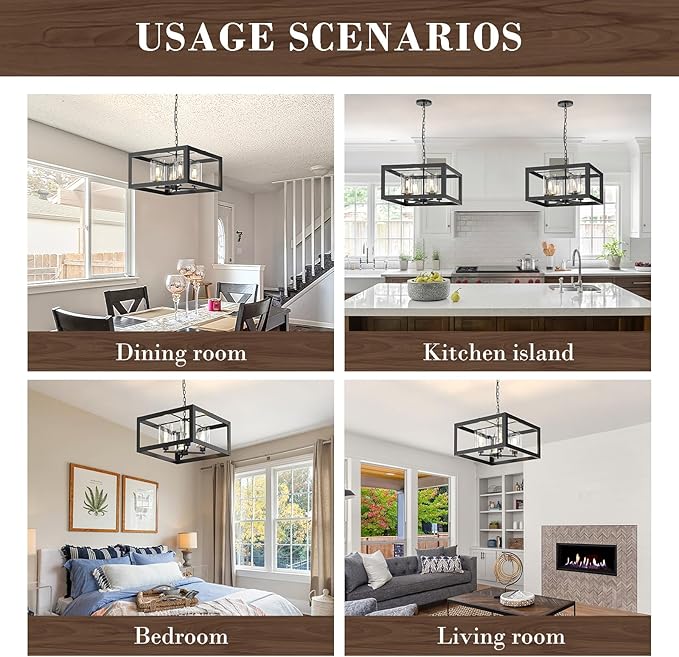 4-Light Black Chandelier, 19" Farmhouse Chandeliers Light Fixture with Glass Shade Lighting Fixtures Modern Ceiling Pendant Lamp for Dining Room Kitchen Island Entrance Bedroom Living Room
