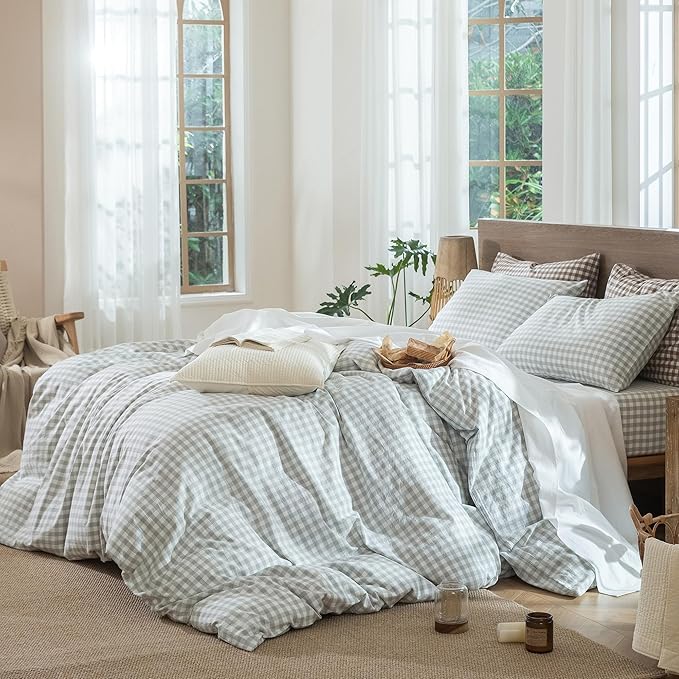 MooMee Gingham Duvet Cover Set 100% Washed Cotton Linen Like Textured Breathable Durable Soft Comfy Modern Checkered Design (Northern Droplet Grey Gingham, King 104"x90")