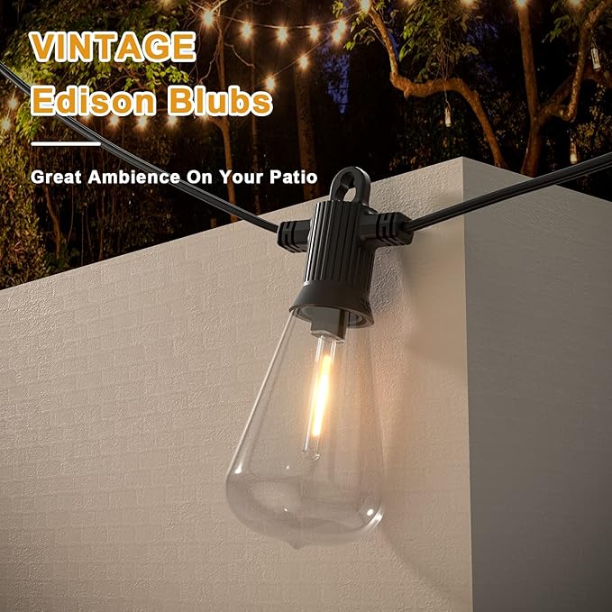Kawaya Outdoor Patio String Lights: 25 FT LED Outside Patio Light with 12 Shatterproof Vintage Bulbs - 2700K Dimmable IP65 Waterproof Edison Outdoor Lighting for Porch Deck Bistro Cafe Party