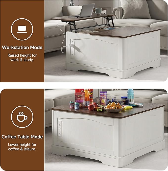 35" Farmhouse Lift Top Coffee Table, Wood Square Center Table with Charging Station, Rounded Edge Table with Hidden Storage, for Living Room, Bedroom, Office, AC, USB Output, White Walnut