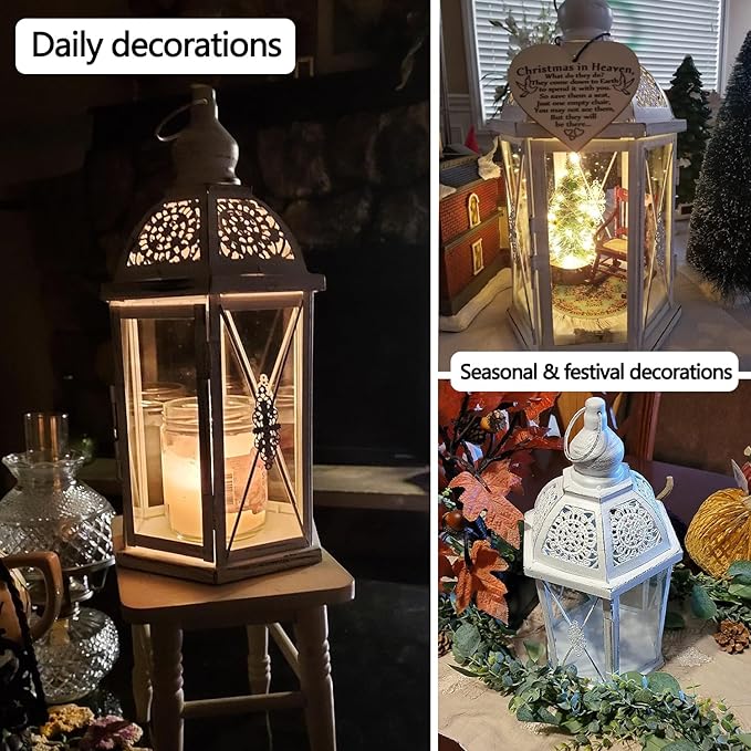 DECORKEY Lantern Decorative Indoor & Outdoor, 14.5'' Candle Lantern Farmhouse Home Decor, Hexagon Vintage Hanging Metal Candle Holder for Front Porch Shelf Patio Wedding Party, Christmas Decorations