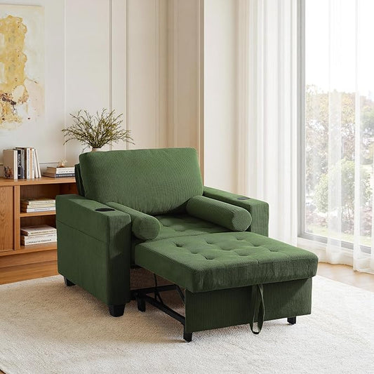 UIXE 3-in-1 Sleeper Chair Pull Out Sofa Bed, Convertible Reclining Seat Upholstered Armchair, Adjustable Backrest Recliner Chair with Side Pockets, Cup Holder & USB Ports - Green