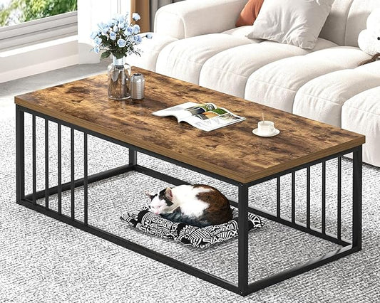 FOLUBAN Coffee Table, Modern Wood and Metal Living Room Table, Industrial Rectangle Cocktail Tea Table, Rustic Brown, 43.3 Inch