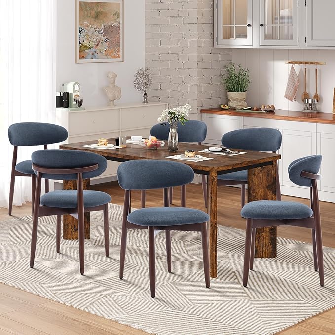 7-Piece Rectangular Dining Table Set for 6, 63" Industrial Kitchen Table with 6 Wooden Upholstered Dinner Chairs for Dining Room, Kitchen, Living Room, Brown+Blue