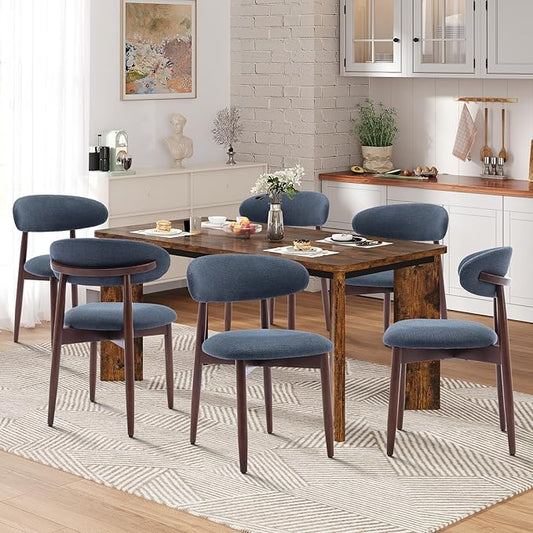 7-Piece Rectangular Dining Table Set for 6, 63" Industrial Kitchen Table with 6 Wooden Upholstered Dinner Chairs for Dining Room, Kitchen, Living Room, Brown+Blue