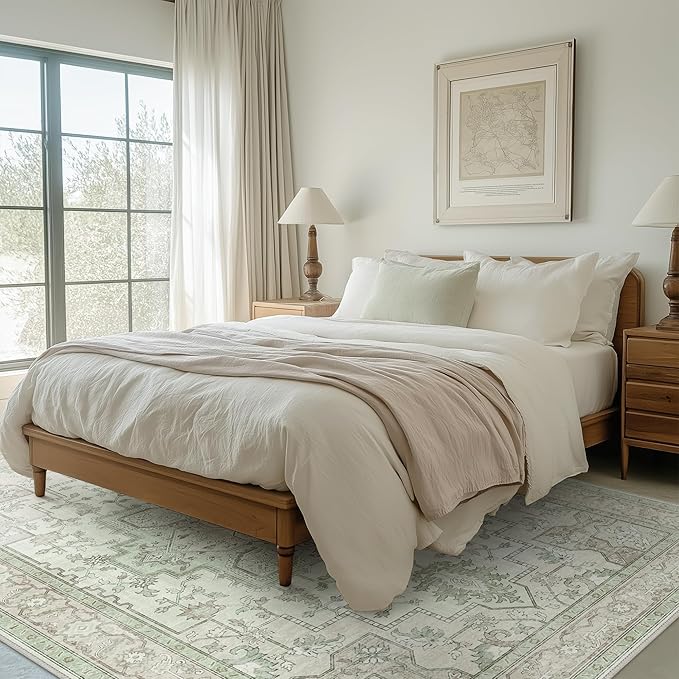 GENIMO 7'6''x9'6'' Area Rugs for Living Room, Machine Washable Non Slip Vintage Rugs, Low Pile Lightweight Chenille Print Rug for Bedroom, Dining Room, Home Office, Oat Light