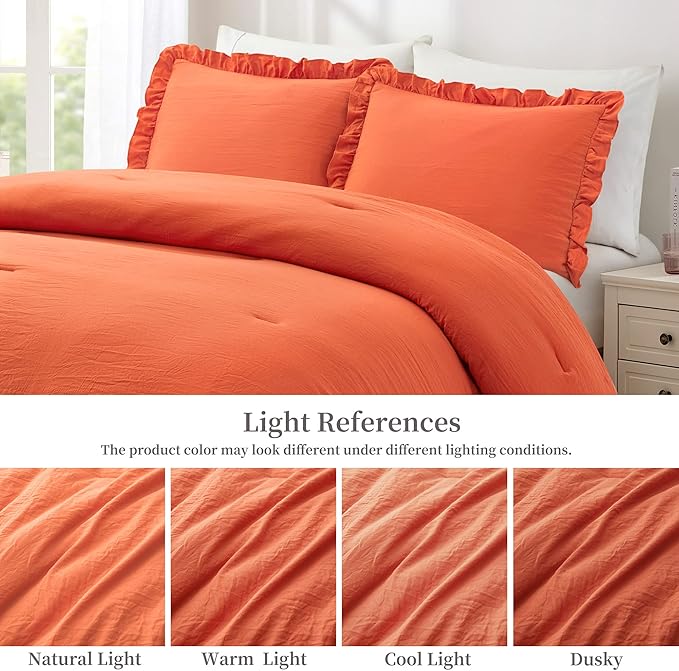 Bonlino Bedding Comforter Set Queen - 3 Pieces Farmhouse Comforter Ruffle Boho Bed Comforter, Fluffy Soft Lightweight Bedding Chic Rustic Country Style for Home Bedroom Dorm (Queen, Orange)