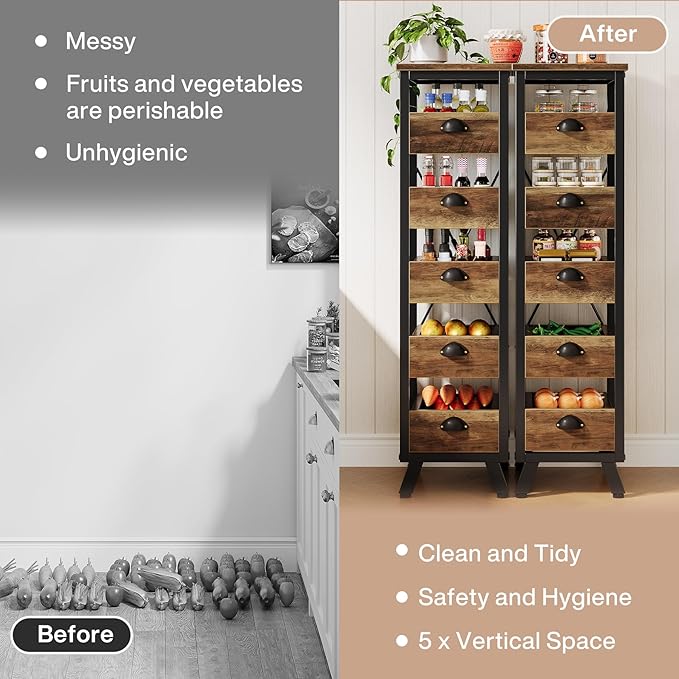 Tribesigns Wood Fruit and Vegetable Storage Rack Set of 2, 5-Tier Narrow Snack Stand Kitchen Stand Fruit Basket, Pull-Out Utility Organizer for Kitchen, Living Room, Rustic Brown