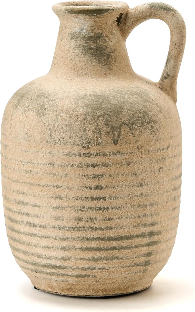 SIDUCAL Rustic Ceramic Farmhouse Flower Vase with 1 Handle-Height 8.43" Terracotta Vase, Unique Textured Pottery Flower Vases for Home Decor, Table, Wedding, Living Room, Shelf Decor, Terra