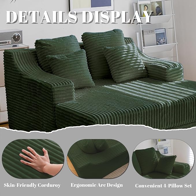 Chaise Lounge Sofa Chair Indoor Cozy Sofa Bed Oversized with Four Pillow Fluffy Upholstered Sleeper Sofa Chair for Living Room Bedroom Office Liesure No Assembly Required（Green）