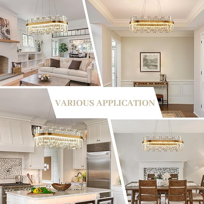 39.3" Dimmable Rectangle LED Crystal Chandeliers,Gold Chandelier Light, 3 Colors Contemporary Pendant Ceiling Light for Dining Room Living Room Kitchen Island Entryway Foyer,with Remote Control