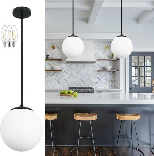 13.7" Globe Pendant Light 3-Light Black Milk Glass Pendant Light Mid Century Modern Light Fixture Globe Pendant Lights Kitchen Island Matte Black Finished with Milk Glass Lampshade for Bedroom