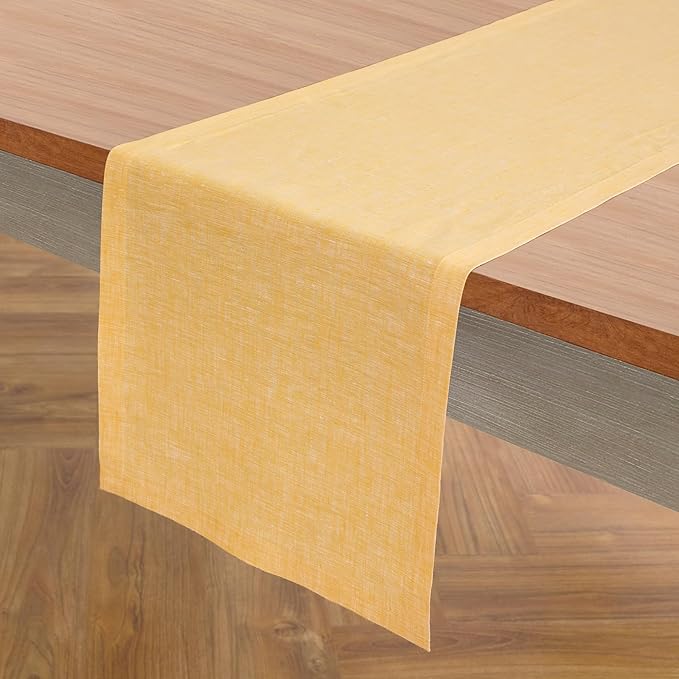 Solino Home Linen Table Runner 72 Inches Long - Athena, 100% Pure Linen Chambray Mustard Yellow Table Runner 14 x 72 Inch for Dining