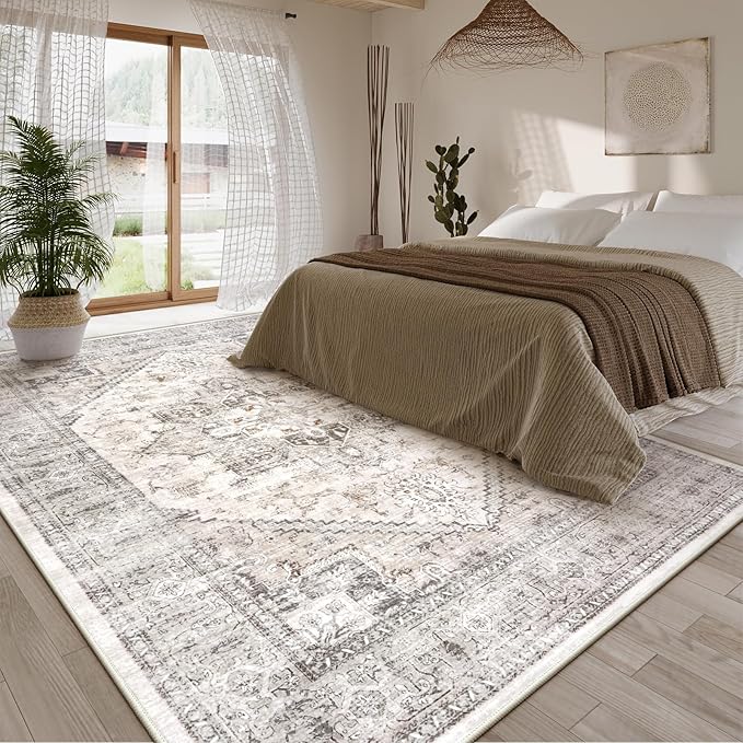 LIVEBOX Washable Area Rug 8x10 - Large Taupe Vintage Tribal Living Room Rug Oriental for Bedroom, Non-Slip Retro Medallion Carpet Print Distressed for Dining Room Guest Office