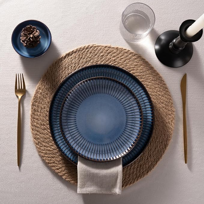 Famiware Starlight Dinnerware Sets, Plates and Bowls Dish Set of 8 (24 Pieces), Ribbed Textured Tableware - Dishwasher & Microwave Safe, Chip & Scratch Resistant, Reactive Glaze, Starry Blue