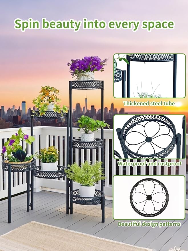 6 Tier Large Plant Stand Indoor with 7.9-Inch Wide Drainage Tray, Tiered Corner Metal Outdoor Flower Display Holder Shelf, Folding Tall Rack for House Patio Porch Balcony Graden - BlackFlower