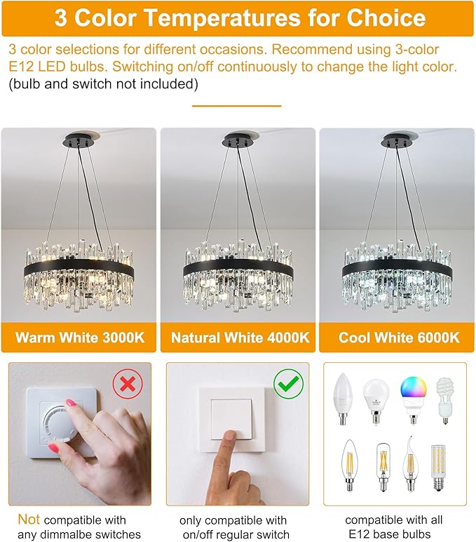 Round Crystal Chandeliers, D19.7 inch 12-Light Black Chandelier Lighting Fixture, Height Adjustable Pendant Ceiling Light for Living Room Dining Room Bedroom