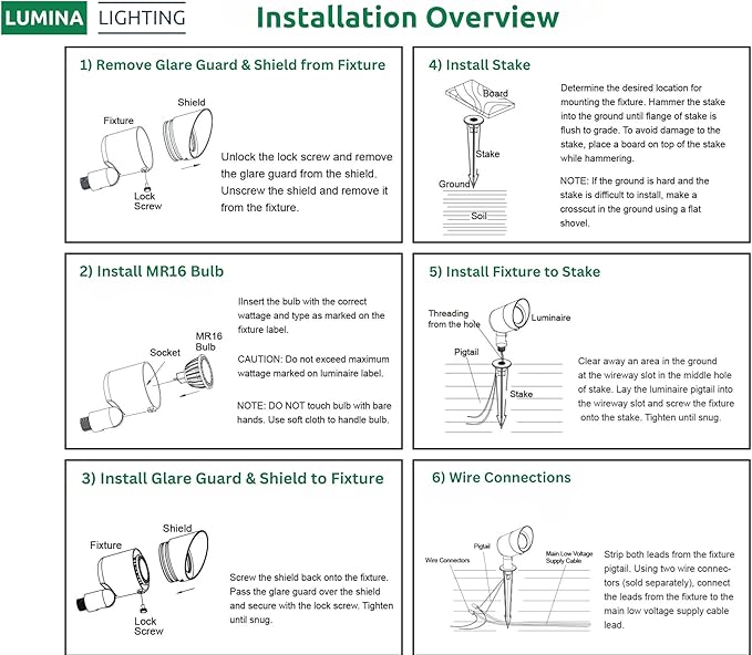Lumina Lighting® 4W Landscape Lighting 12V Landscape Lights Low Voltage Landscape Spotlights Warm White Waterproof Outdoor Replaceable LED Bulb for Garden, Lawn, Porch, Patio and Yard (Black, 6-Pack)
