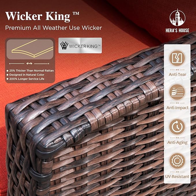 HERA'S HOUSE High Back Swivel Patio Furniture Set with 5.5" Thick Cushions, 5-Piece Oversized Outdoor Wicker Sectional Conversation Set with Ottomans for Garden Yard Porch, Red