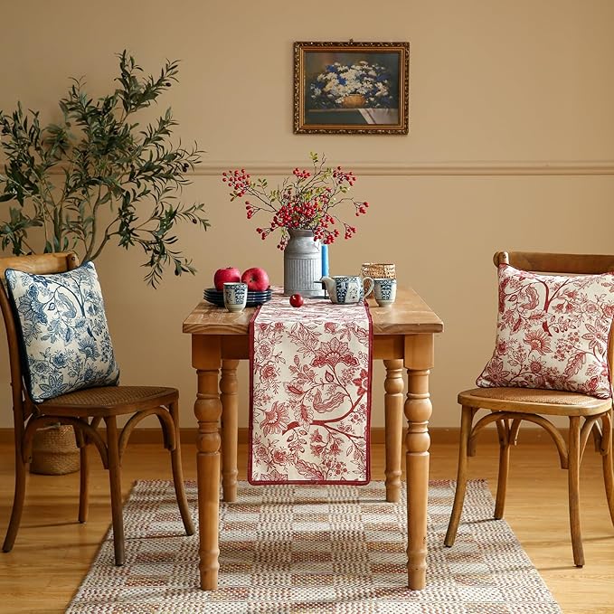 Designer Chinoiserie Elegant Linen Table Runner 87 Inches Long,Red Floral Pattern Decor Table Runners for Thanksgiving,Dining Room,Banquet,Kitchen Tables,Christmas,12"*87"-Ruyi A
