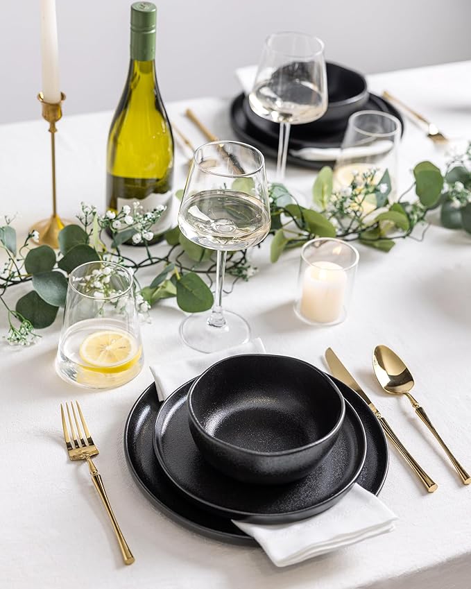 TheTerra Ceramic Dinnerware Sets for 4, 12 Pieces Porcelain Lightweight Plates and Bowls Sets, Scratch Resistant Dish Set, Oven & Microwave & Dishwasher Safe, Black