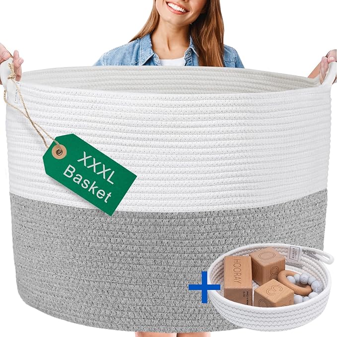 XXXL WASHABLE Large Blanket Basket 85L 2PCs Handmade Decorative Woven Baskets for Storage - Soft Durable XXX Large Cotton Rope Blanket Storage for Living Room, Toys, Organizer 22" x 14" (Grey/White)