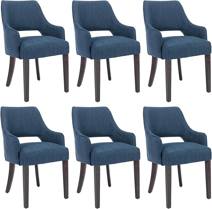 Linen Dining Chairs Set of 6 Upholstered Farmhouse Kitchen Chair with Arms Accent Chairs Side Chair with Wood Legs for Living Room/Dining Room/Bedroom/Restaurant, Blue