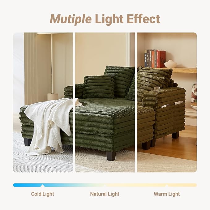 Chaise Lounge Chair Indoor, Amsleekey 64" Oversized Sleeper Chair with Wood Frame, Upholstered Sofa Bed for Living Room, Movie Room, Bedroom with 4 Storage Pockets&2 Cup Holders(Plush Corduroy, Green)