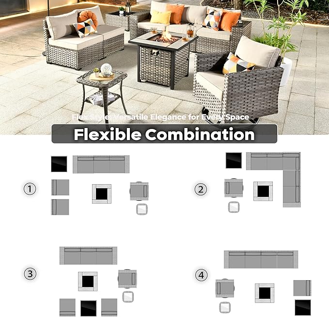 ovios 9 Pieces Patio Furniture Set, Outdoor Wicker Sectional Sofa with 30" Fire Pit Table Swivel Chair, Modern Modular Deep Seat Rattan Couch Conversation Sets, Beige