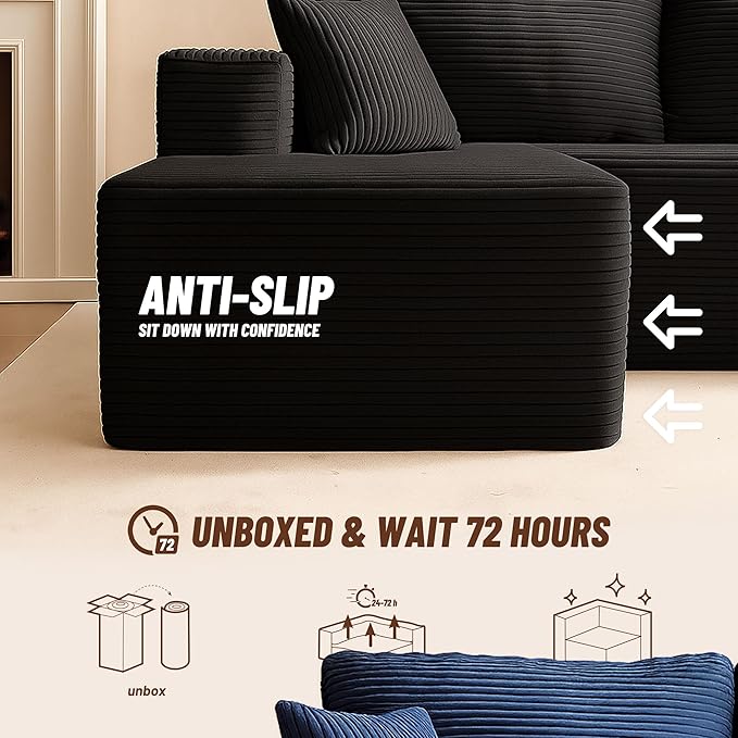 138" Boneless Couch with Deep Seat, Modular Sectional Sofa, Cloud Sectional Couch for Living Room, No Assembly Required, Corduroy, 4 Seater L-Shape Left, Black