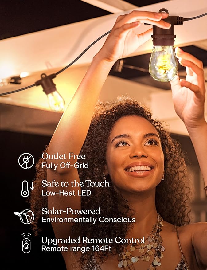 Brightech Ambience Pro Super Bright Solar Outdoor String Lights: Security, Visibility & Ambience - Heavy Duty Waterproof Patio Lights - Edison Spiral Shatterproof Bulbs - 4W Soft White Remote Control