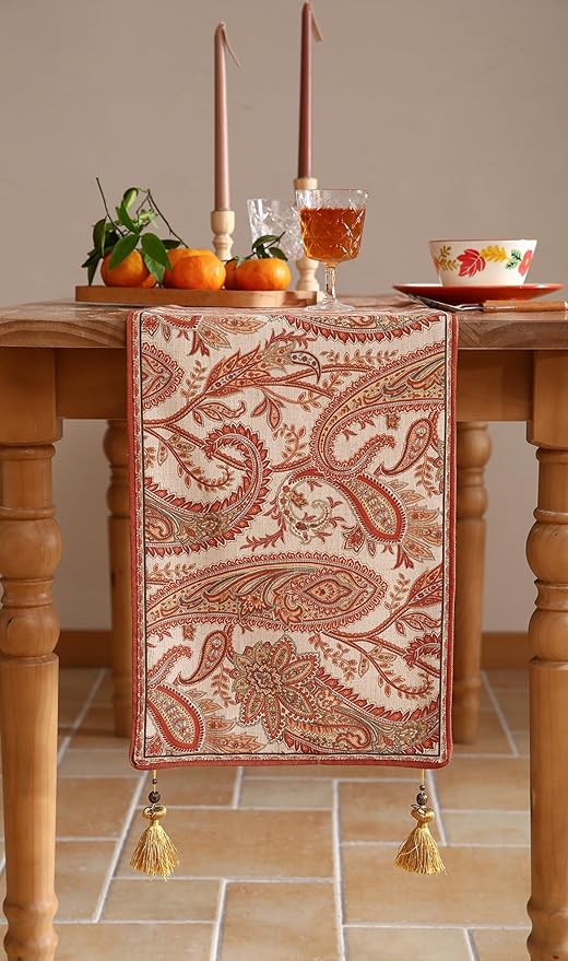 Designer Elegant Red Linen Table Runner 87 Inches Long,Vintage Paisley Pattern Durable Table Runners for Dining Tables,Thanksgiving,Kitchen Tables,Christmas,12"*87"-Chauffrey A