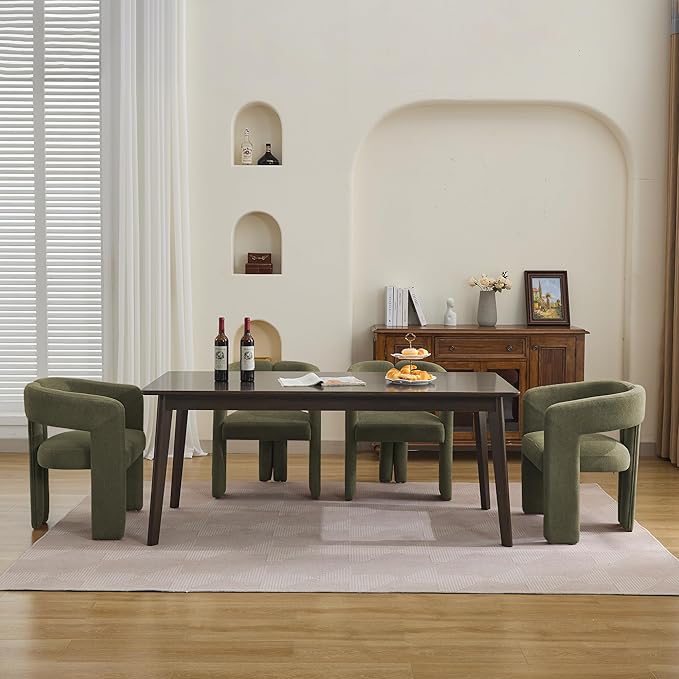 Modern Barrel Dining Chairs Set of 4, Upholstered Linen Dining Room Chair with Wooden Legs, Accent Chairs for Kitchen/Dining Room/Living Room, Green