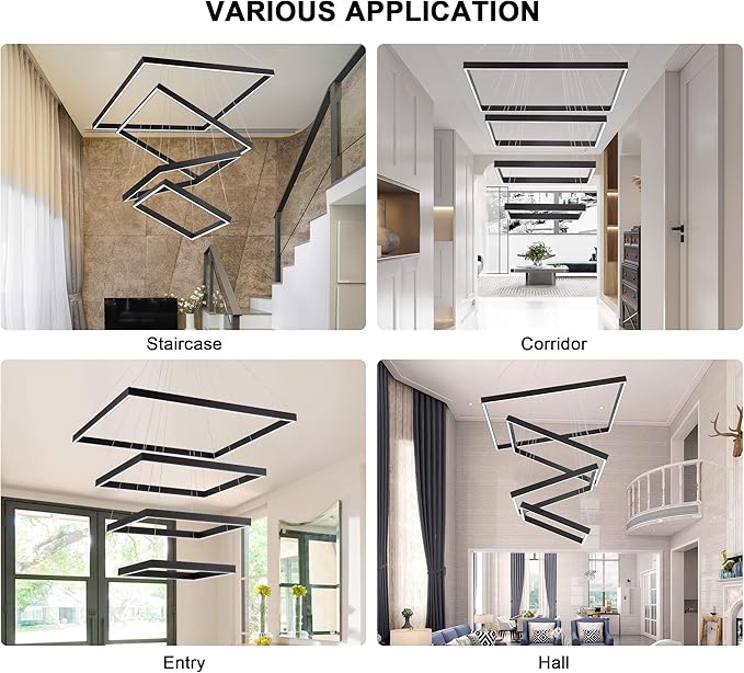Square Led Chandelier Modern Hanging Light 4-Rings Contemporary Ceiling Pendant Light Dimmable Led Pendant Light for Living Room Kitchen Dining Room 15.7"+19.6"+23.6"+31.4" Black