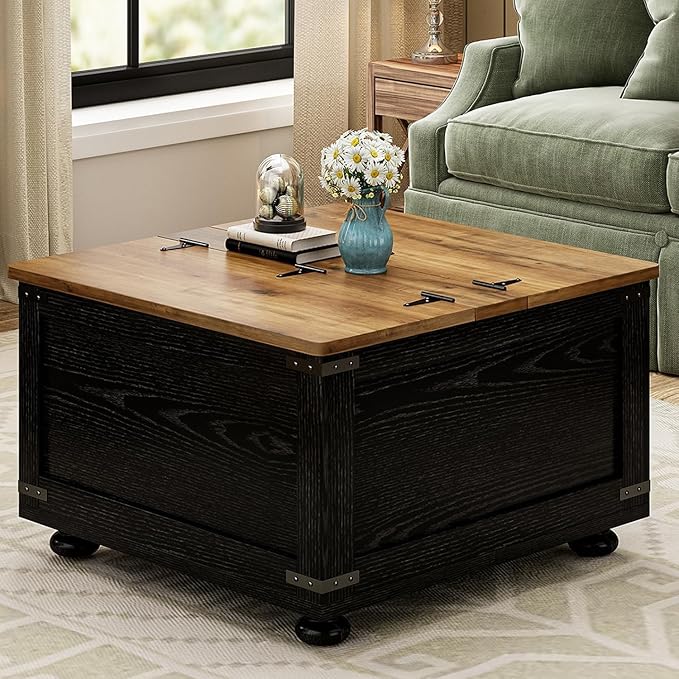 Farmhouse Coffee Table with Storage, Black Lift Coffee Tables for Living Room, Square Coffee Table with Wood Gourd Feet and Hydraulic Gas Rod, Black