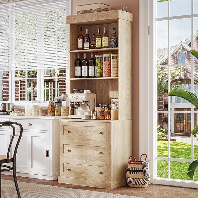 71" Brown Farmhouse Kitchen Pantry Cabinet Set of 3— Freestanding Coffee Bar with Glass Doors or Drawers, Microwave Stand, Large Storage Hutch with Adjustable Shelves for Kitchen, Living Room