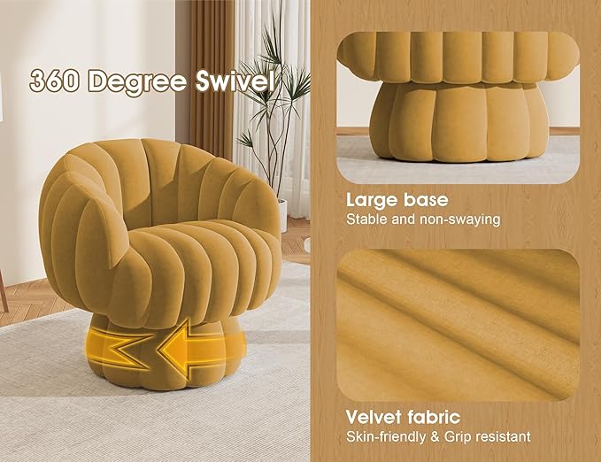 Mid Century Modern 360 Degree Barrel Swivel Accent Sofa Chair,Fluffy Velvet Fabric Lounge Wide Upholstered Pumpkin Reading Chair, Round Cloud Armchair for Living Room,Bedroom,Vanity(Mustard)